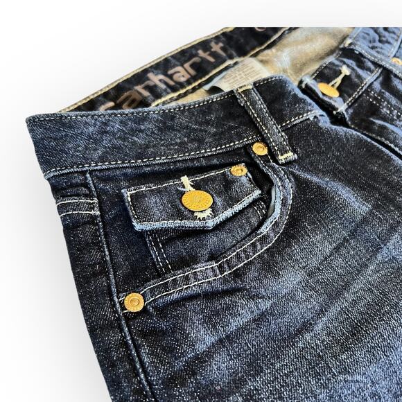 Carhartt Womens Capri Jeans Curvy Fit Dark Stonewashed Blue Leather Patch Cuffed - Picture 5 of 16